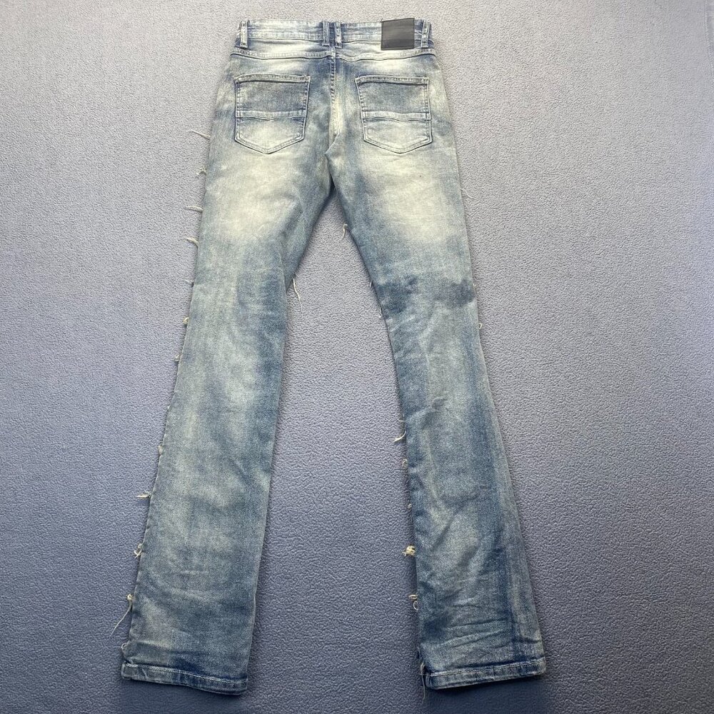 SPARK PREMIUM 29X38 Stretch Ripped Distressed Flare Fit Stacked Denim Jeans - Picture 3 of 14